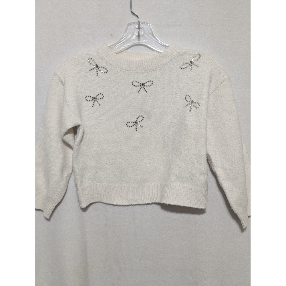 Cat & Jack Girls Cream Rhinestone Bow Knit Sweater Size S 6/7 Pullover